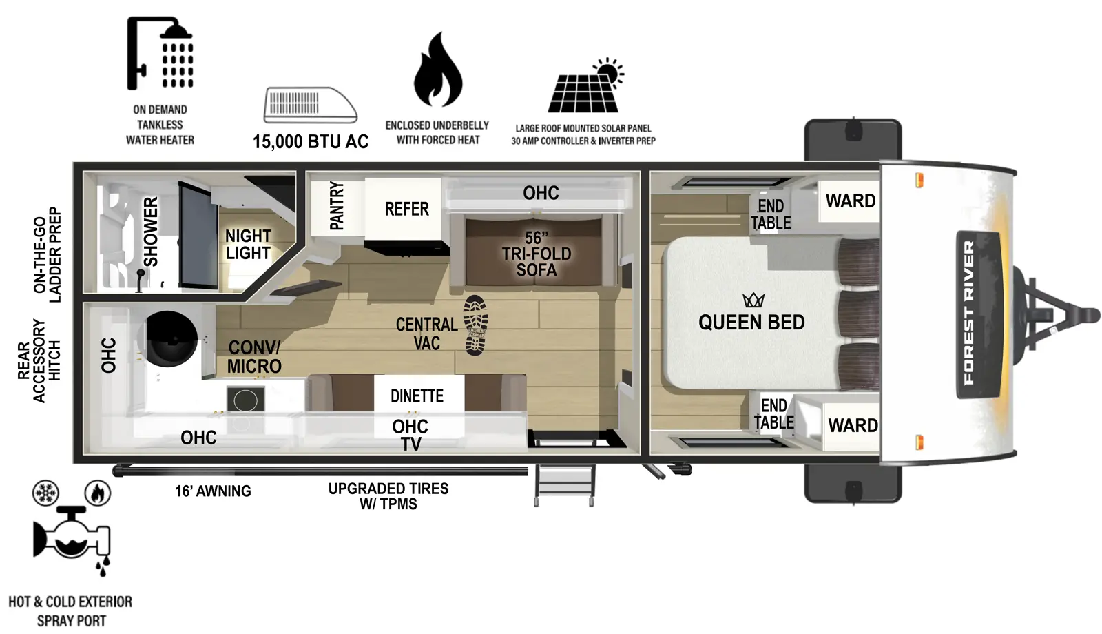 The RP-205 has zero slideouts and one entry. Exterior features 16 foot awning, upgraded tires with TPMS, hot and cold spray port, on-the-go ladder prep, rear accessory hitch, on demand tankless water heater, 15,000 BTU air conditioner, enclosed underbelly with forced heat, and large roof mounted solar panel 30 amp controller & inverter prep. Interior layout front to back: foot-facing queen bed with wardrobe and end tables on each side; off-door side tri-fold sofa with overhead  cabinet, refrigerator, and pantry; door side entry, dinette, central vacuum, and overhead cabinet with TV; rear off-door side full bathroom with night light; door side kitchen counter with convection microwave, cooktop, overhead cabinet wraps to rear with sink.